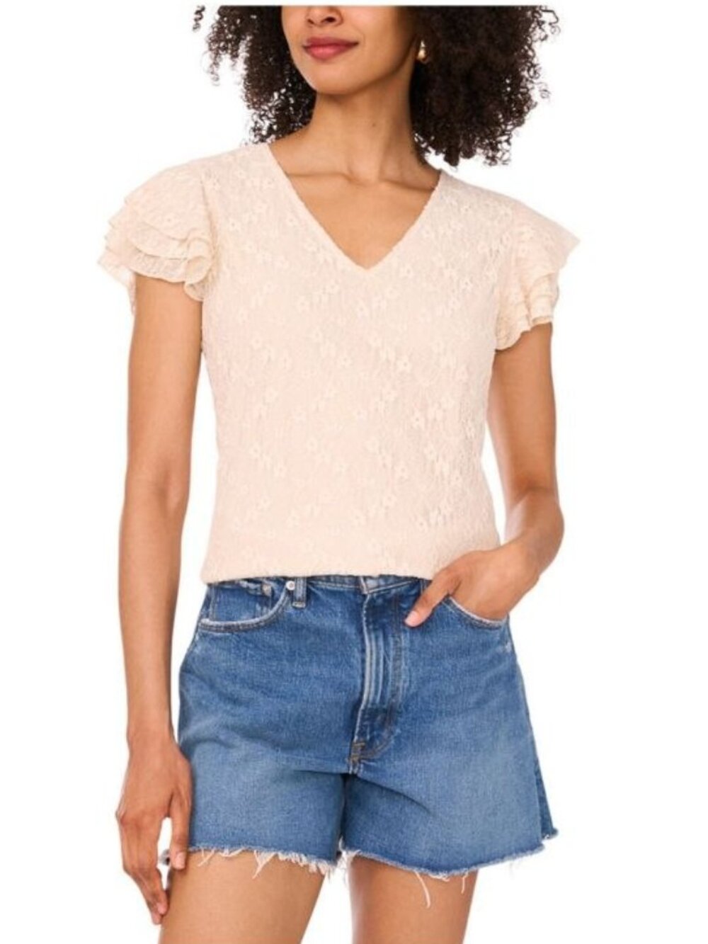 $79 Vince Camuto Women's Ruffled-Sleeve V-Neck Lace Top Almond Size L